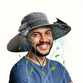 Unisex Solar Powered Black Fan Outdoor Fishing Wide Brim Sun Hat For Camping And Work (Color:Light Blue: Black)